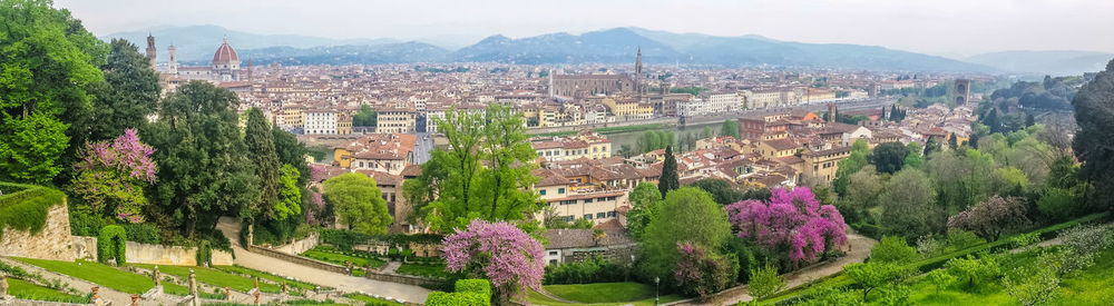 Ultra wide panoramic view of florence with many monuments in background from michelangelo square