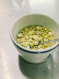 High angle view of soup in bowl on table