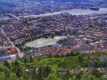 High angle view of city at river