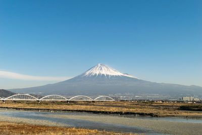 Scenic view of mountains against clear blue sky