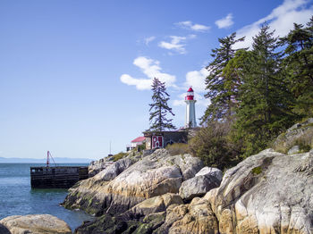 Lighthouse amidst rocks and sea against sky