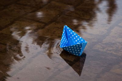 High angle view of umbrella on puddle