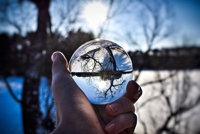 Close-up of hand holding crystal ball against trees during winter