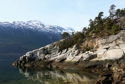 Scenic view of lake and mountains against sky