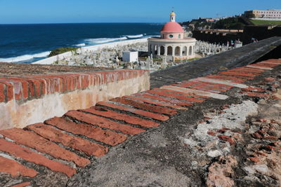 View of temple by sea against sky