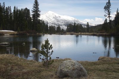 Scenic view of lake and mountains against sky