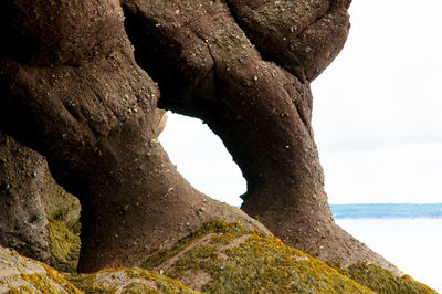 Close-up of rock formation in sea against sky