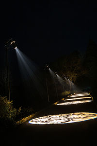 Illuminated road by trees against sky at night