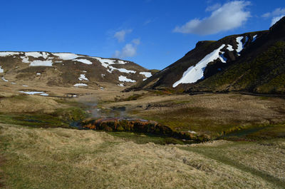 Valley with steam vapors rising for a geothermal hot spring in iceland.