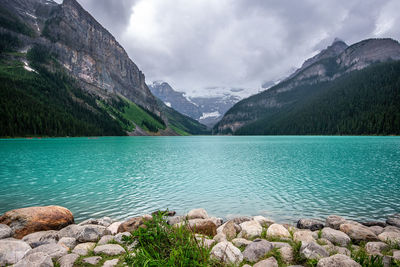 Scenic view of lake and mountains against sky