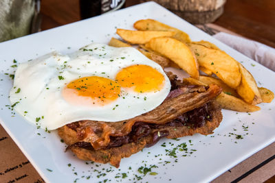 High angle view of breakfast served in plate