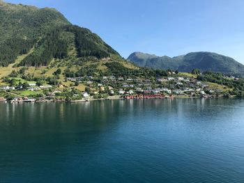 Scenic view of townscape by sea against sky