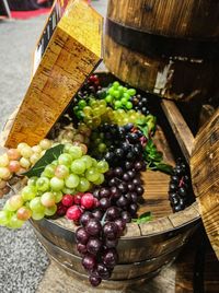 High angle view of grapes in basket on table