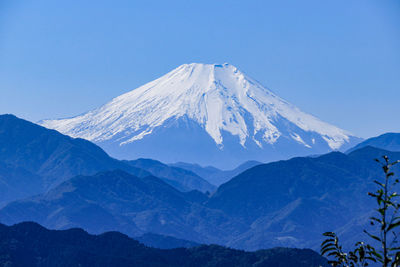 Scenic view of snowcapped mountains against clear blue sky , mt.fuji