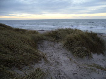 View of calm beach against cloudy sky