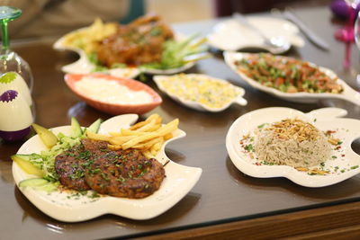 Close-up of food served on table