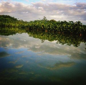 Scenic view of lake against cloudy sky