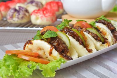 High angle view of food in plate on table