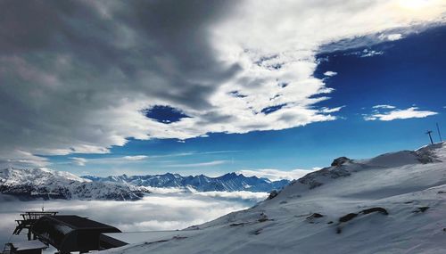 Scenic view of snow covered mountains against sky