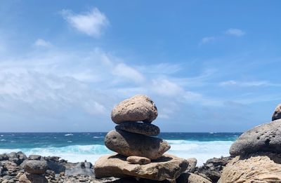 Rocks on beach against sky