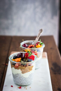 High angle view of breakfast served on table