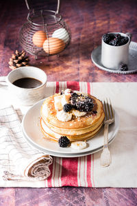 High angle view of breakfast served on table