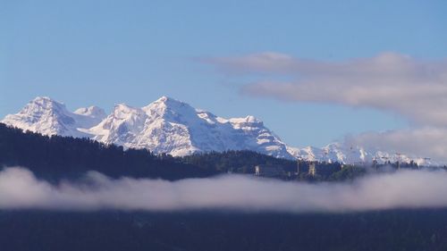 Scenic view of snow covered mountains against sky