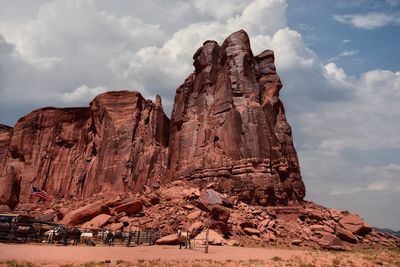 Low angle view of rock formations against cloudy sky