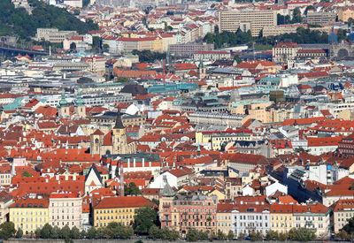 High angle view of houses in town