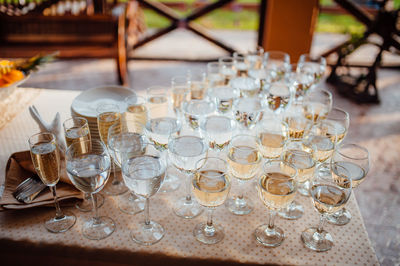 High angle view of wine glasses on table