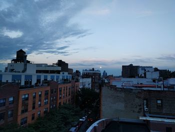 High angle shot of cityscape at sunset