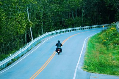 Man riding motorcycle on road in forest