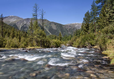 Surface level of water flowing through rocks against sky