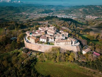 High angle view of townscape montefabbri against sky