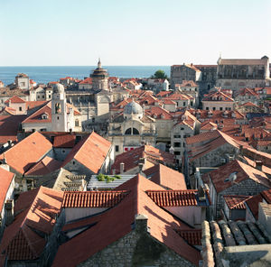 High angle view of townscape against clear sky