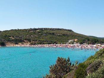 People on beach against clear blue sky