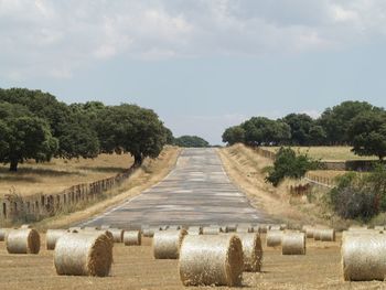 Hay bales on field against sky