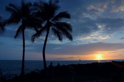 Silhouette of palm trees by sea