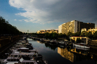 Boats moored on river amidst buildings in city against sky