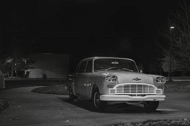transportation, land vehicle, car, mode of transport, street, road, night, parking, stationary, tree, parked, outdoors, old-fashioned, no people, travel, vehicle, sunlight, retro styled, vintage car