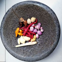 High angle view of chopped vegetables in bowl on table