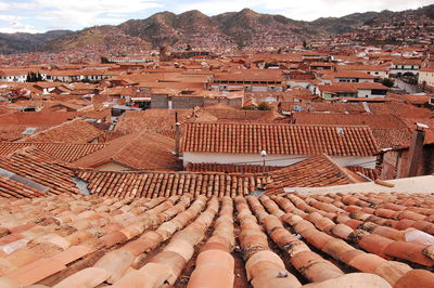 High angle view of residential district against sky