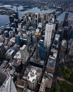 Aerial cityscape abkve sydney showing many landmark buildings on a day with average air quality