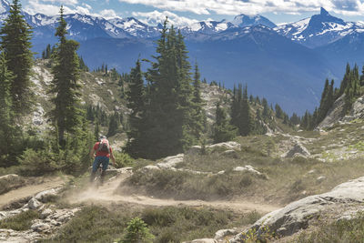 Rear view of man riding bicycle on mountain against sky