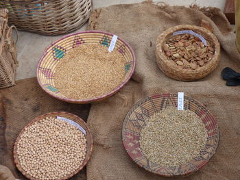 High angle view of eggs in basket