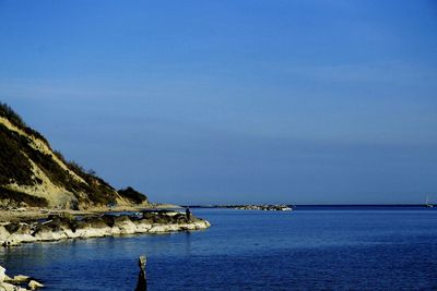 Scenic view of sea against clear blue sky