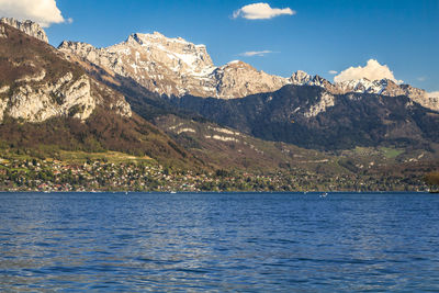 Scenic view of lake and mountains against sky