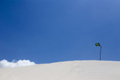 Low angle view of snowcapped landscape against clear blue sky