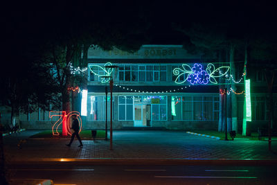 Rear view of woman on illuminated street at night