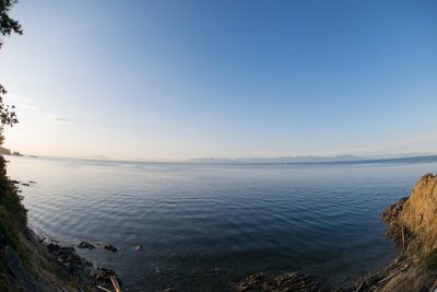 Scenic view of lake against clear sky at sunset